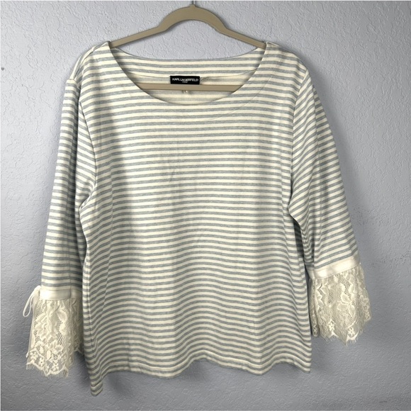 Karl Lagerfeld Nautical Stripe Long Sleeve Tee Lace Cuff XL - Picture 1 of 5
